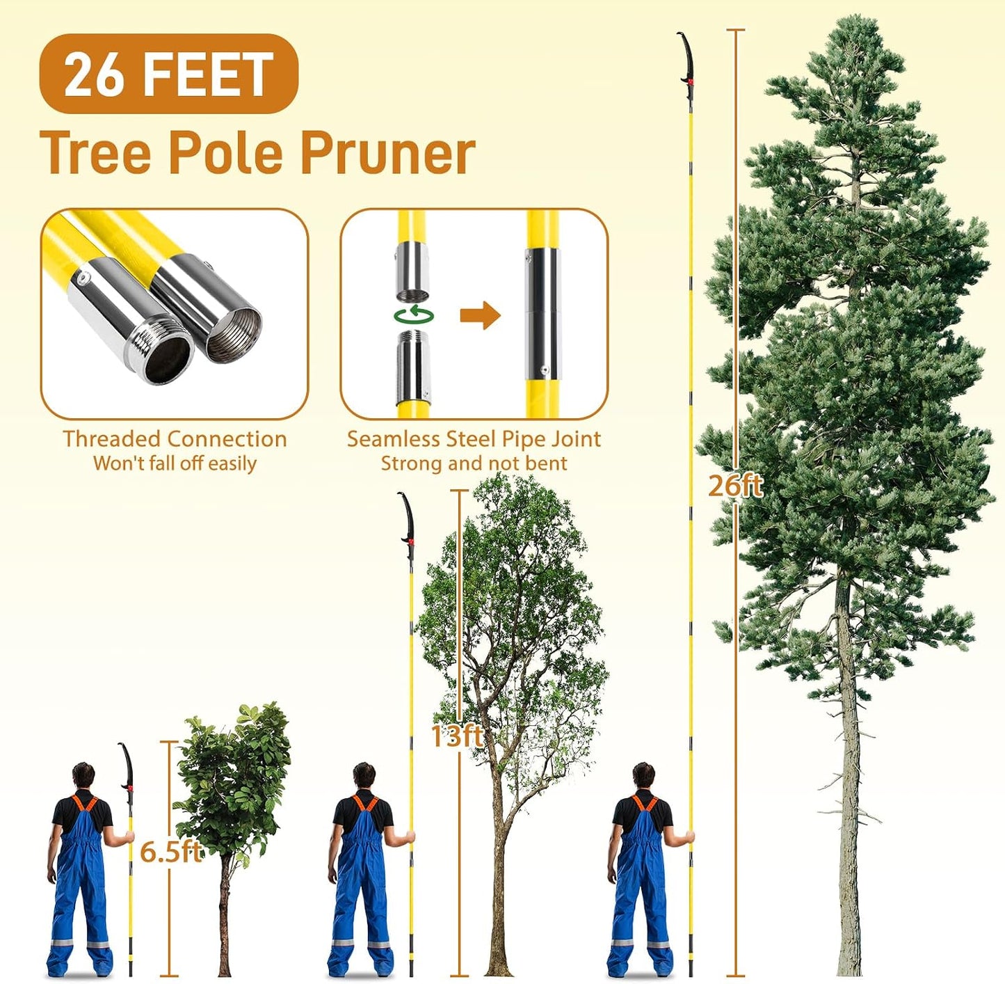 12ft Manual Pole Saws, Extendable Tree Trimmers Long Handle Pruner, 2Pcs Sharp Blade and Scissors, Long Tree Pruner with 2-section for Pruning Palms and Shrubs