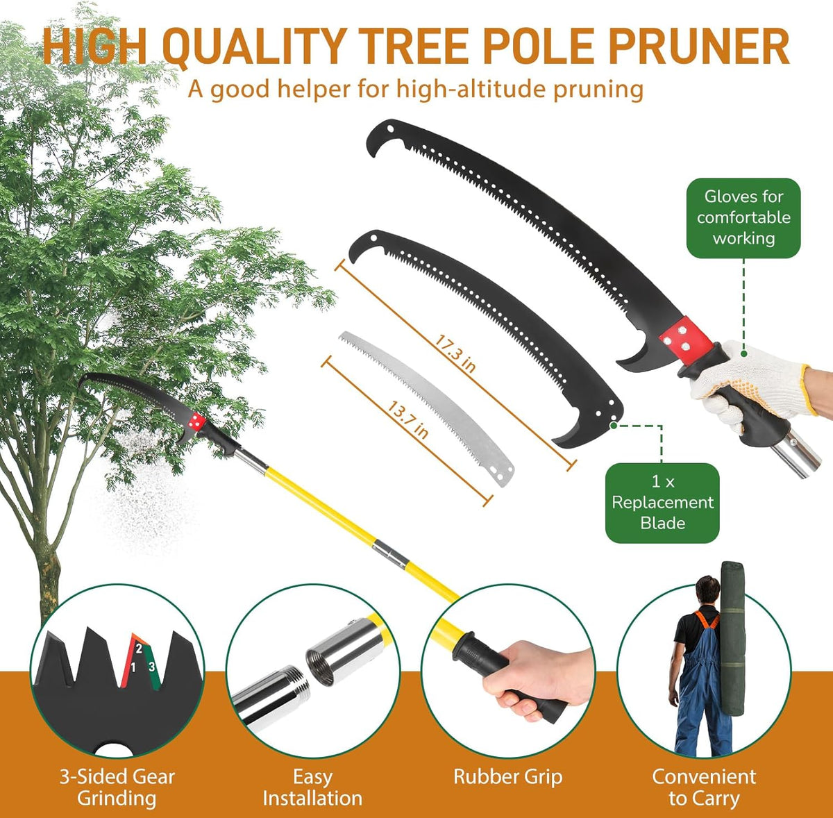 12ft Manual Pole Saws, Extendable Tree Trimmers Long Handle Pruner, 2Pcs Sharp Blade and Scissors, Long Tree Pruner with 2-section for Pruning Palms and Shrubs