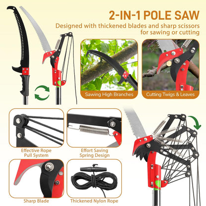 12ft Manual Pole Saws, Extendable Tree Trimmers Long Handle Pruner, 2Pcs Sharp Blade and Scissors, Long Tree Pruner with 2-section for Pruning Palms and Shrubs