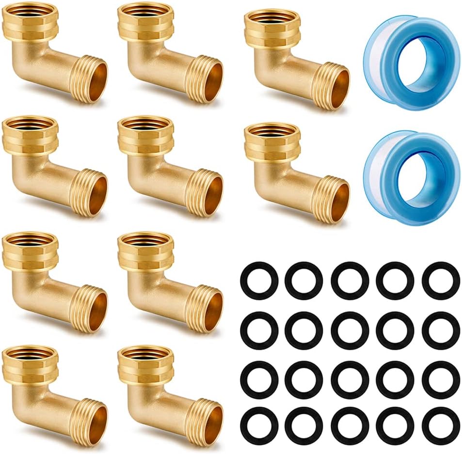 Garden Hose Elbow Connector 90 Degree Solid Brass Pipe Fittings Hose Elbow -Eliminates Stress and Strain On RV Water Intake Hose Adapter 3/4" FHT x 3/4" MHT (2 SETS)
