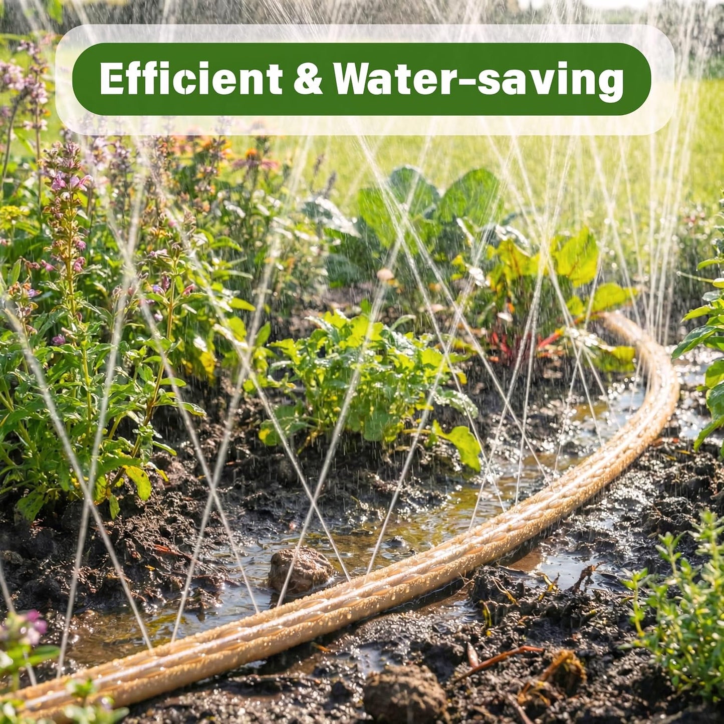 Sprinkler Soaker Hose 50FT with Holes, Garden Watering Hose with Stakes, Drip Hose Sprinkler, Efficient Saving Water for Lawn Garden and Yard, Leakproof