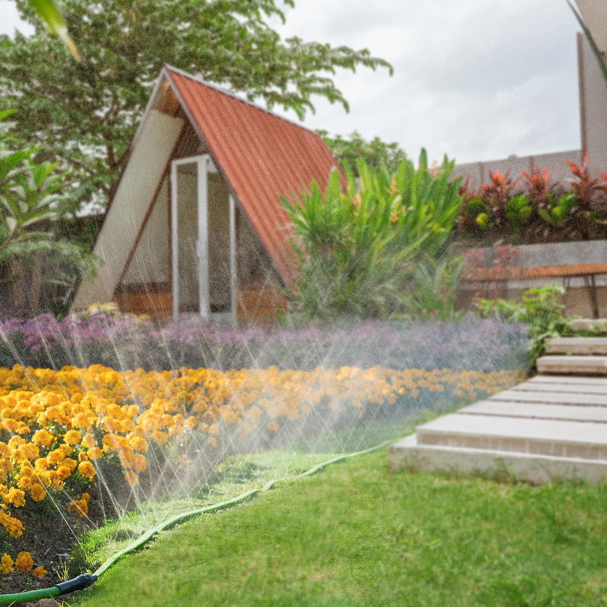Sprinkler Soaker Hose 50FT with Holes, Garden Watering Hose with Stakes, Drip Hose Sprinkler, Efficient Saving Water for Lawn Garden and Yard, Leakproof