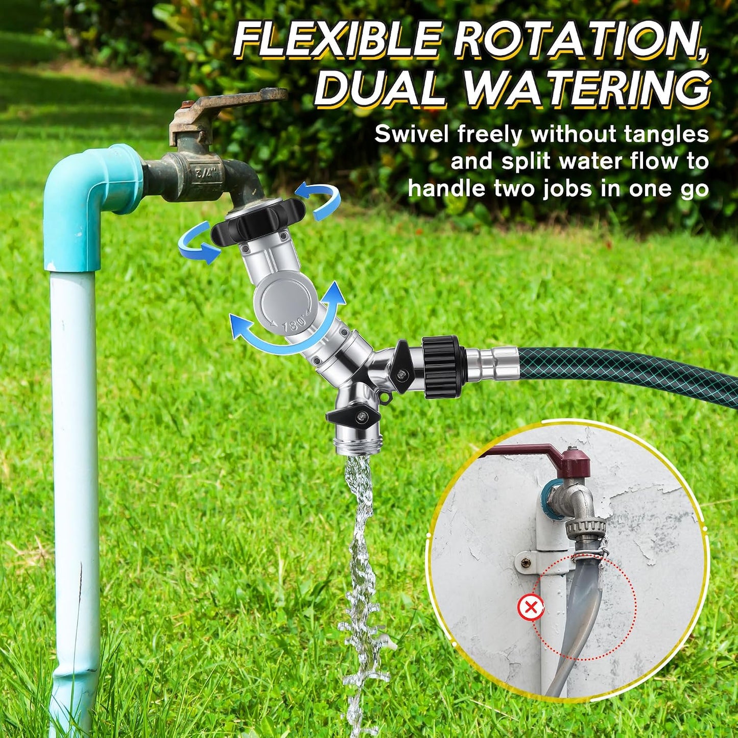 1 Pack 2-Way Garden Hose Splitter with Swivel Connector, 3/4" GHT