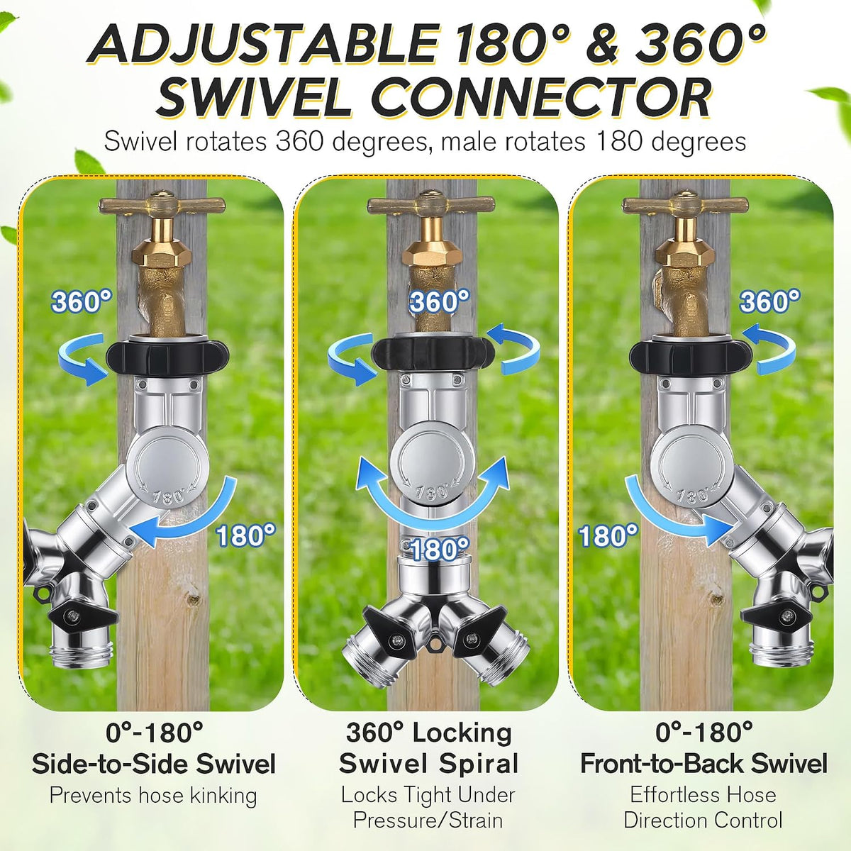 1 Pack 2-Way Garden Hose Splitter with Swivel Connector, 3/4" GHT