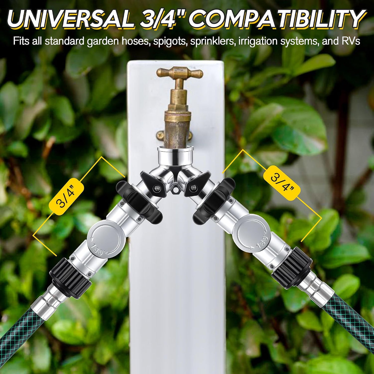 1 Pack 2-Way Garden Hose Splitter with Swivel Connector, 3/4" GHT