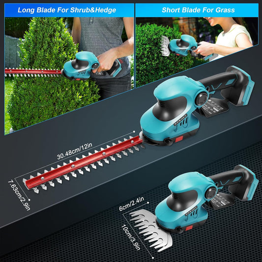 2-in-1 Cordless Hedge Trimmer & Grass Shear for Makita 18V Battery(No Battery), Brushless 12" Hedge Trimmer and 3.9" Grass Shear, for Garden, Yard Lawn Care
