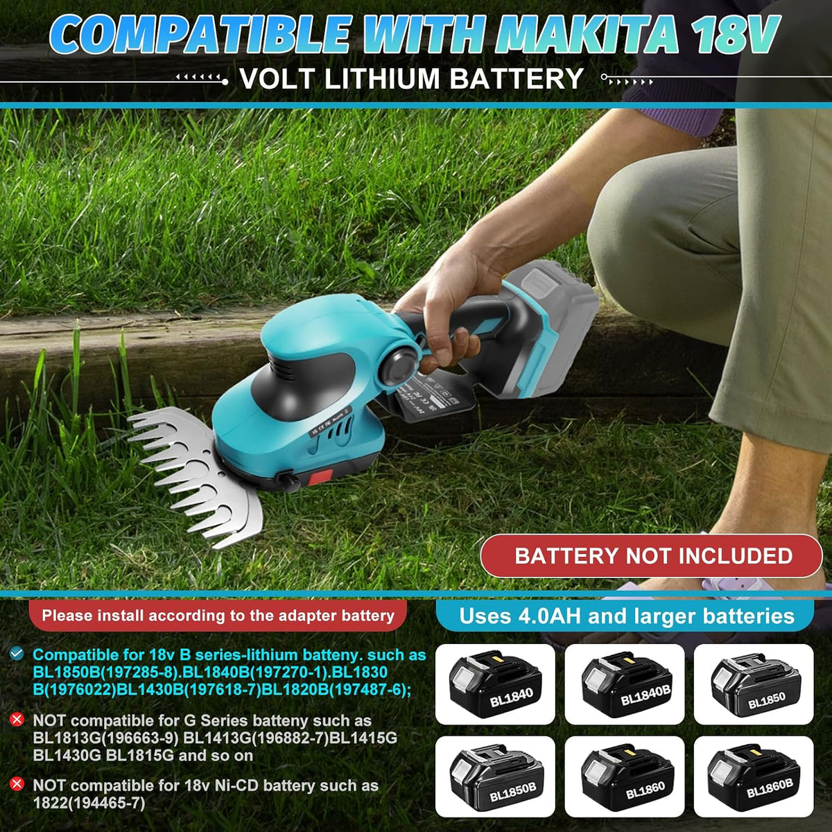 2-in-1 Cordless Hedge Trimmer & Grass Shear for Makita 18V Battery(No Battery), Brushless 12" Hedge Trimmer and 3.9" Grass Shear, for Garden, Yard Lawn Care