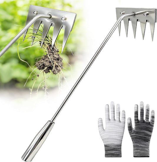 Weed Puller Tool - 2026 Portable Manual Weeding Tools Gardening, 5 Teeth Head Stainless Steel Hand Garden Weeding Rake, Weed Remover Tool for Vegetable Gardening Yard Backyard Farm Planting & Weeding