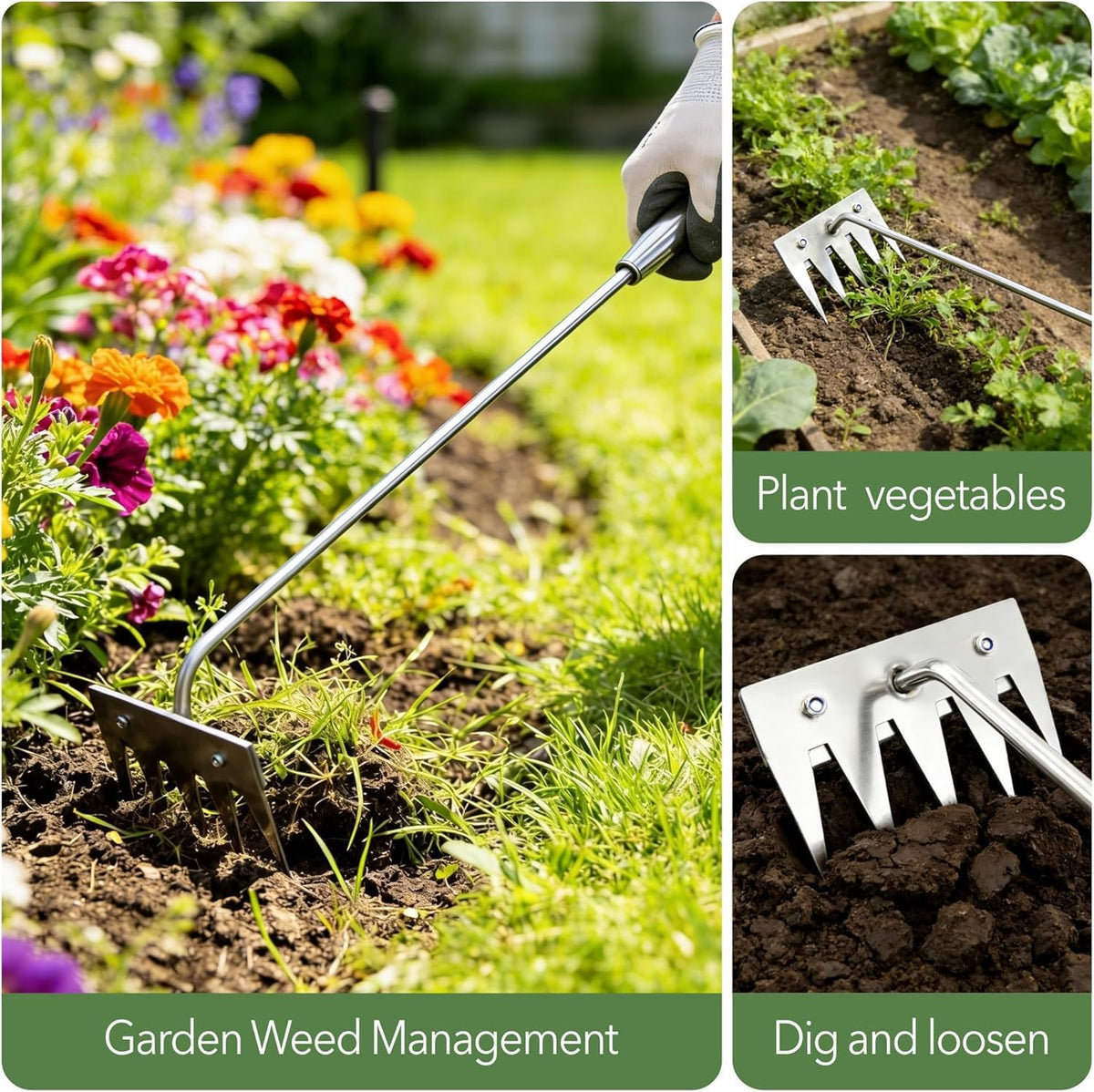 Weed Puller Tool - 2026 Portable Manual Weeding Tools Gardening, 5 Teeth Head Stainless Steel Hand Garden Weeding Rake, Weed Remover Tool for Vegetable Gardening Yard Backyard Farm Planting & Weeding