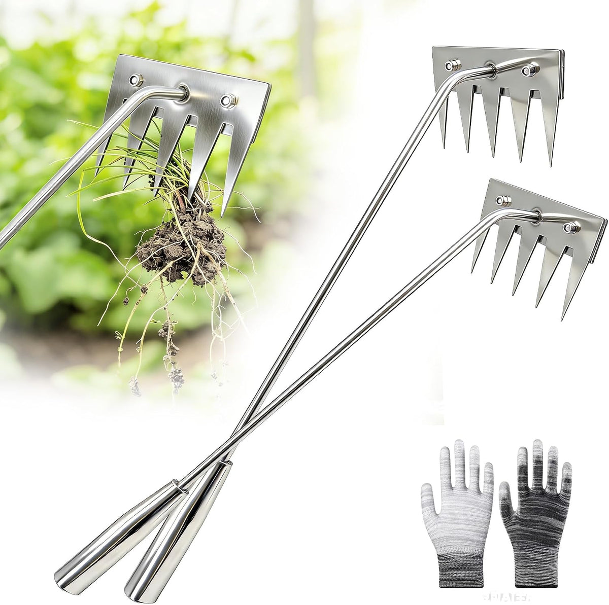 Weed Puller Tool - 2026 Portable Manual Weeding Tools Gardening, 5 Teeth Head Stainless Steel Hand Garden Weeding Rake, Weed Remover Tool for Vegetable Gardening Yard Backyard Farm Planting & Weeding