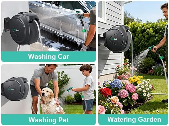 Retractable Garden Hose Reel - 5/8 in x 100 ft Automatic Wall Mount Heavy Duty Automatic Water Hose Reel with 9 Patterns Nozzle, Kink-Resistant Hose, 180° Swivel, Auto-Lock for Outdoor Watering