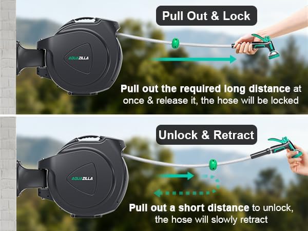 Retractable Garden Hose Reel - 5/8 in x 100 ft Automatic Wall Mount Heavy Duty Automatic Water Hose Reel with 9 Patterns Nozzle, Kink-Resistant Hose, 180° Swivel, Auto-Lock for Outdoor Watering