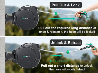 Retractable Garden Hose Reel - 5/8 in x 100 ft Automatic Wall Mount Heavy Duty Automatic Water Hose Reel with 9 Patterns Nozzle, Kink-Resistant Hose, 180° Swivel, Auto-Lock for Outdoor Watering