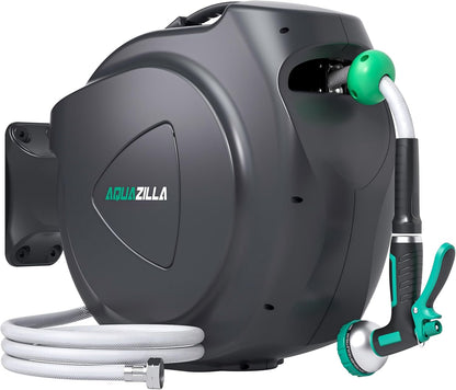 Retractable Garden Hose Reel - 5/8 in x 100 ft Automatic Wall Mount Heavy Duty Automatic Water Hose Reel with 9 Patterns Nozzle, Kink-Resistant Hose, 180° Swivel, Auto-Lock for Outdoor Watering