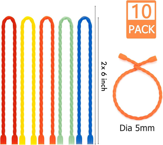 10 PCS 12-Inch Silicone Cable Ties - Reusable Twist Ties Bendable Steel-Core Rubber Cable Ties for Bundling and Holding, All Purpose Cord Tie for Indoor and Outdoor (5 Colors)