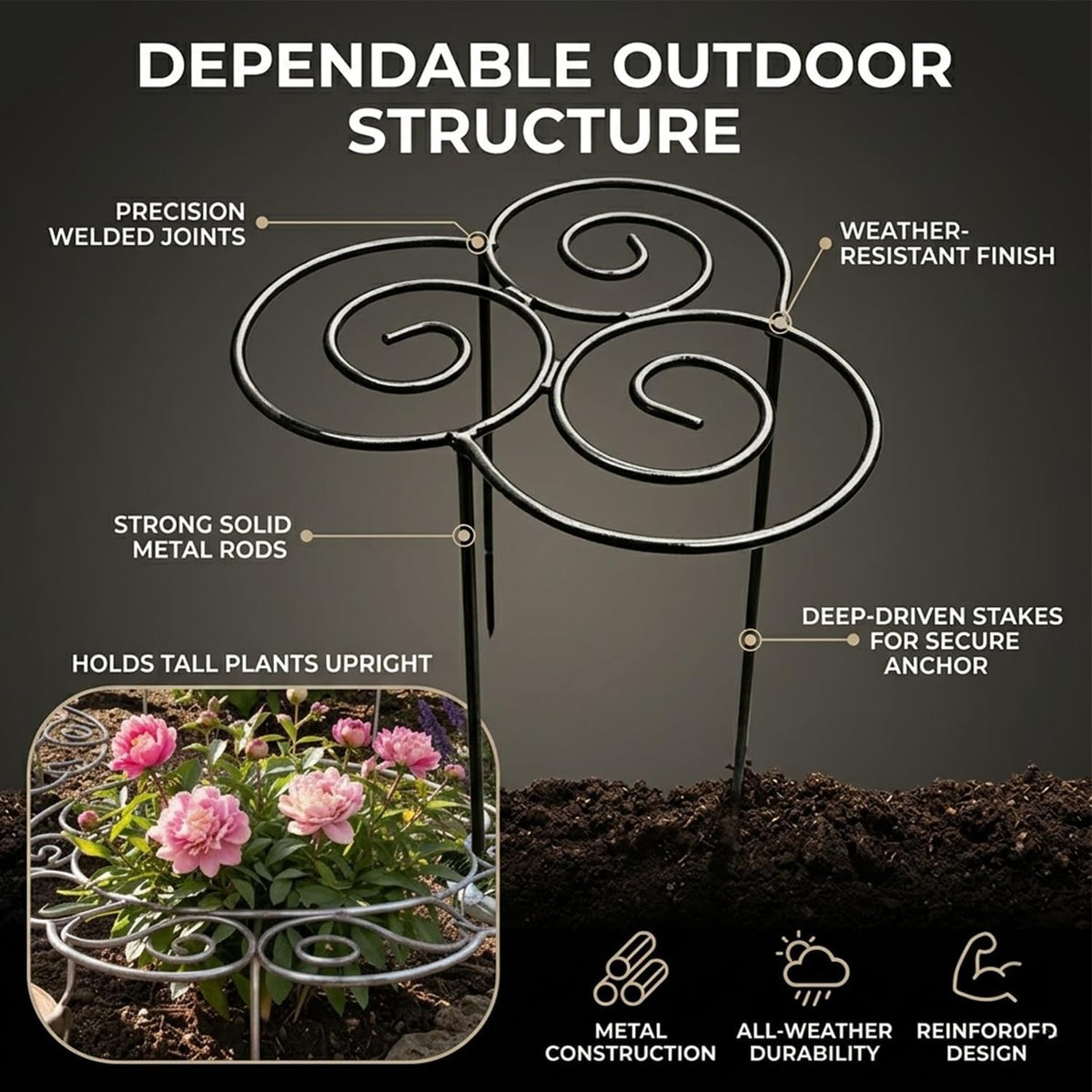 Peony Cages and Supports Ring for Garden, Decorative Grow Through Rings, Provide Dependable Structure for Perennials and Herbaceous Plants, Assisted Plant Growth (Medium)