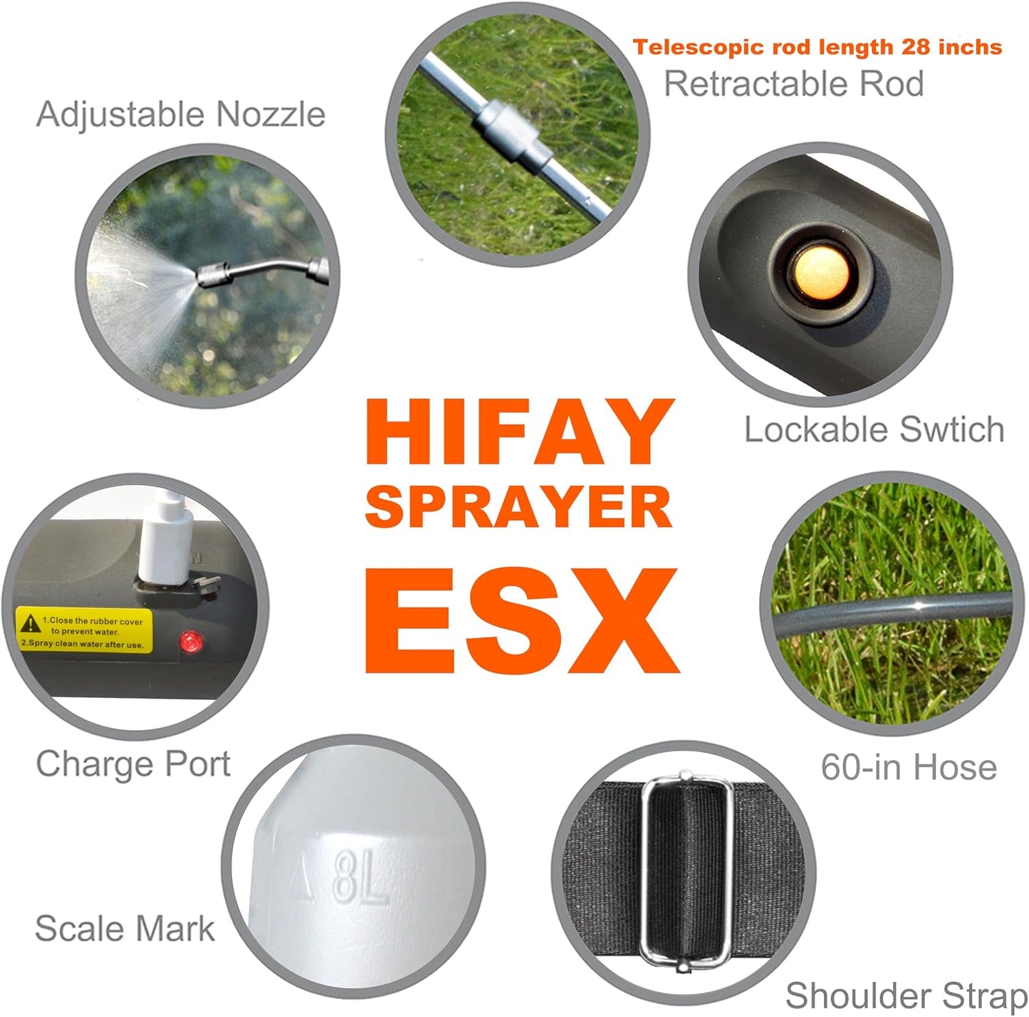 ESX-8 Electric Sprayer, Garden Sprayer 2 Gallon,Weed Sprayer in Lawn & Garden,Rechargeable Battery Powered Sprayer with Telescopic Wand,Plant Mister,Indoor Watering Can for Plants (Translucent)