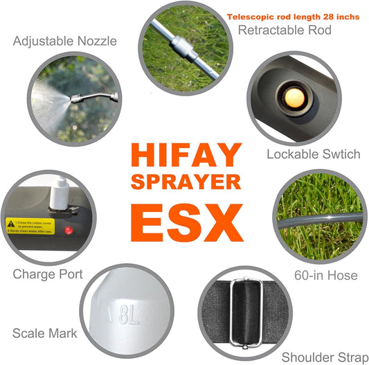 ESX-8 Electric Sprayer, Garden Sprayer 2 Gallon,Weed Sprayer in Lawn & Garden,Rechargeable Battery Powered Sprayer with Telescopic Wand,Plant Mister,Indoor Watering Can for Plants (Translucent)