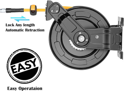 Premium Steel Retractable Air Hose Reel With Dual Arm, 3/8"x65Ft Hybrid Polymer Hose, Heavy Duty Air Hose Reel included Auto Rewind Reel | Quick Air Coupler | Durable Double side Frame