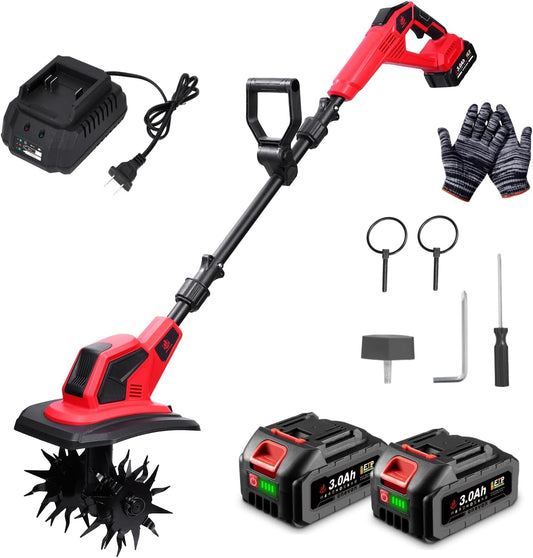 20V Cordless Tiller Cultivator with 2X 3.0Ah Batteries