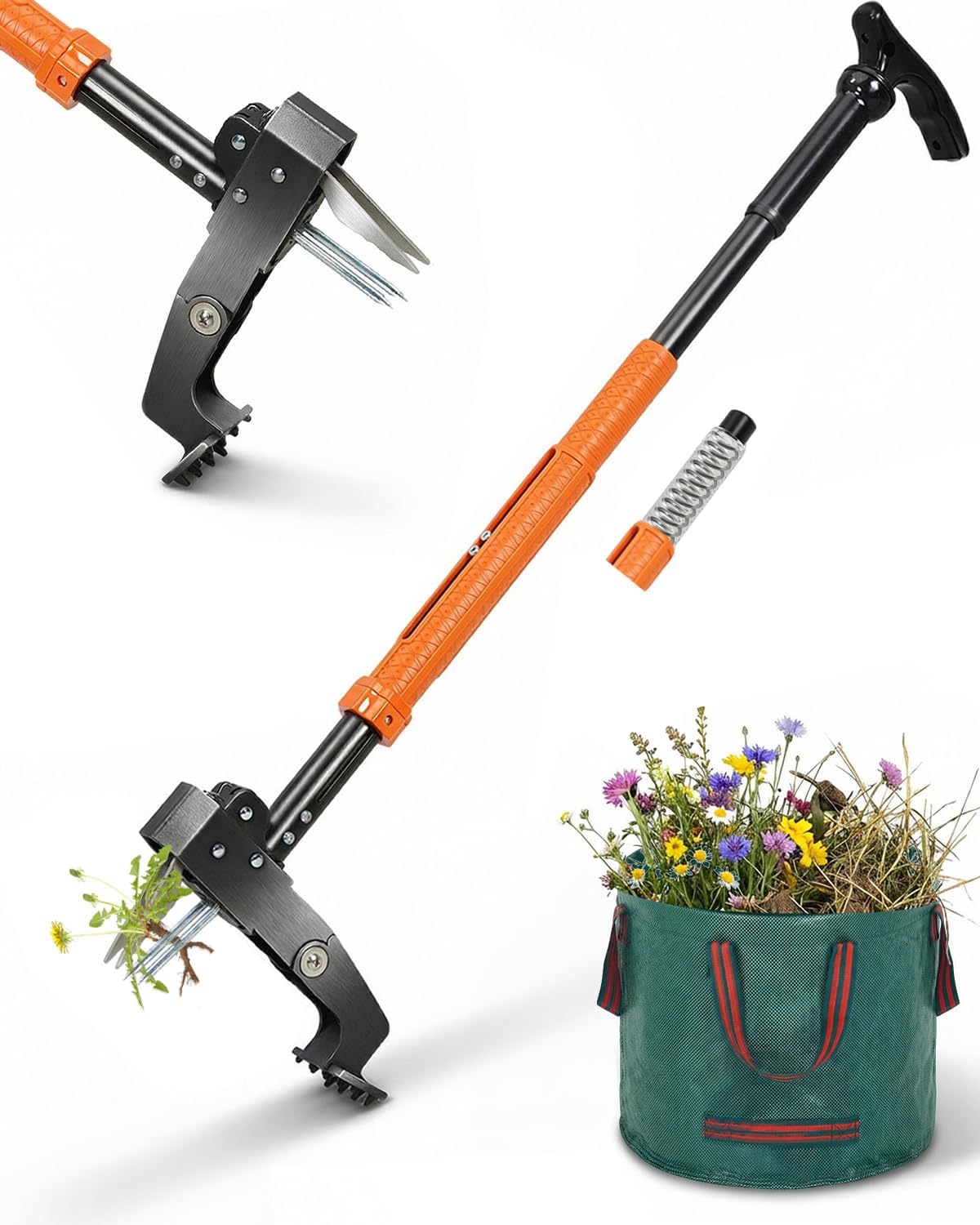 Stand Up Weed Puller Tool with Adjustable Long Handle and 50L Garden Bag