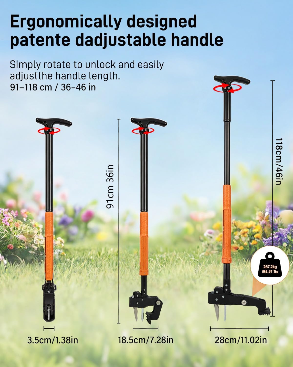 Stand Up Weed Puller Tool with Adjustable Long Handle and 50L Garden Bag