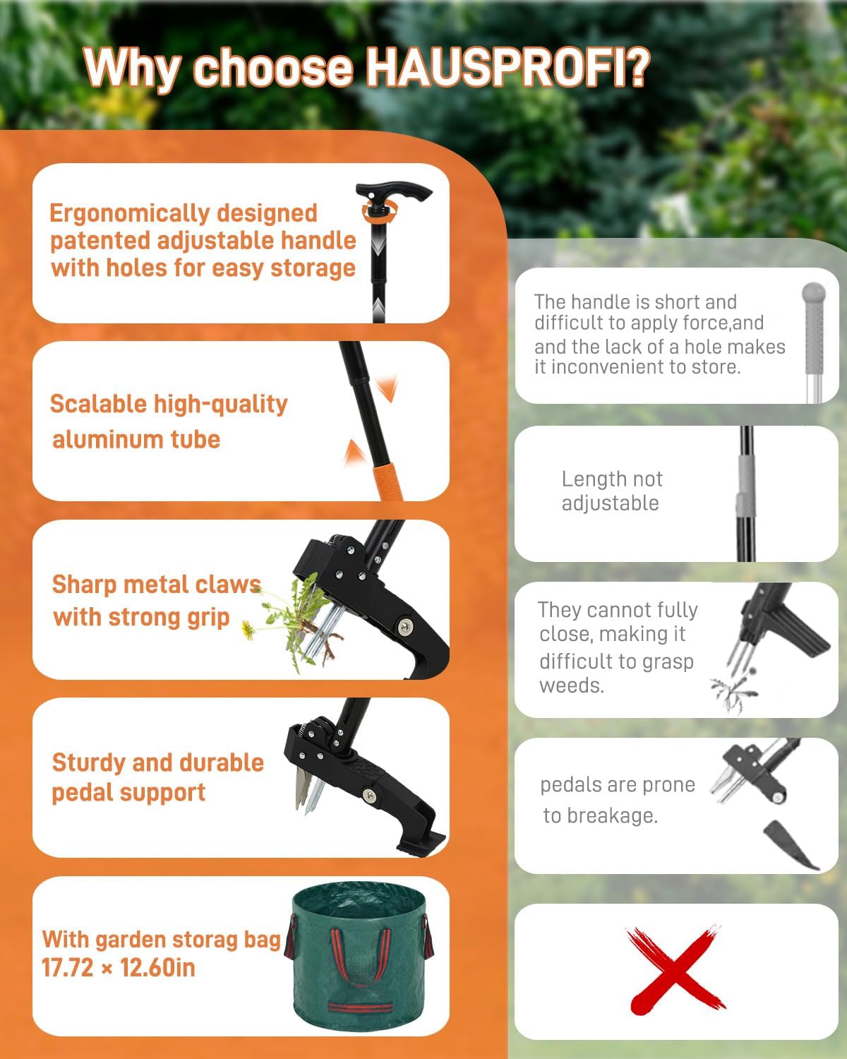 Stand Up Weed Puller Tool with Adjustable Long Handle and 50L Garden Bag