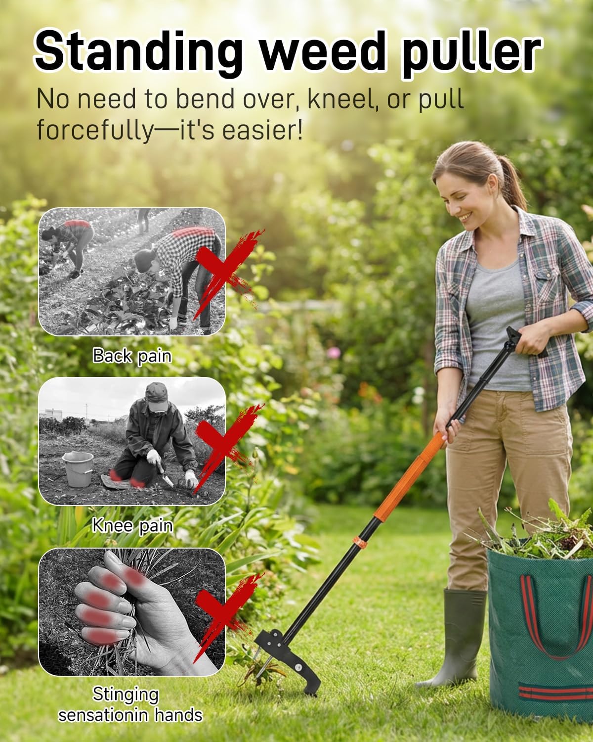 Stand Up Weed Puller Tool with Adjustable Long Handle and 50L Garden Bag