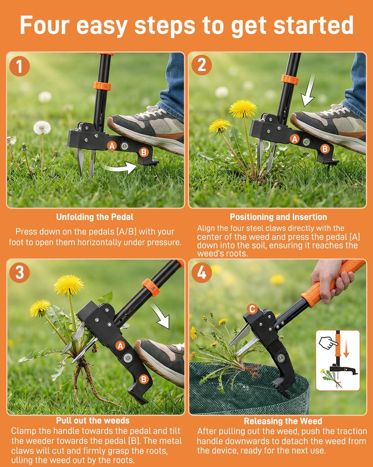 Stand Up Weed Puller Tool with Adjustable Long Handle and 50L Garden Bag