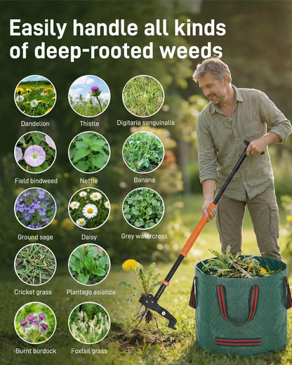Stand Up Weed Puller Tool with Adjustable Long Handle and 50L Garden Bag