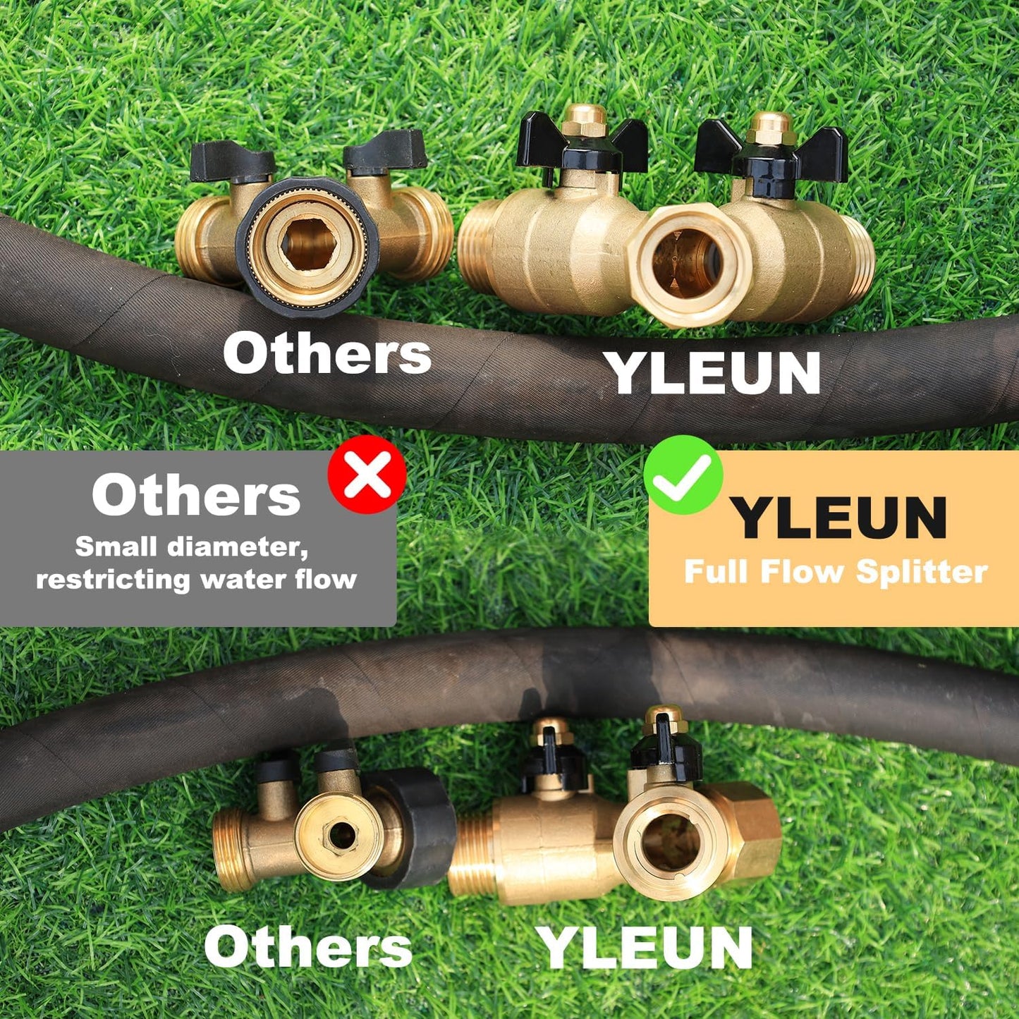 Garden Hose Splitter Full Flow Splitter No Restricted-Flow Connector Heavy Duty Brass Hose y Splitter, 2 way High Flow Hose Bib Adapter with Shut Off Valves (Butterfly Handle)
