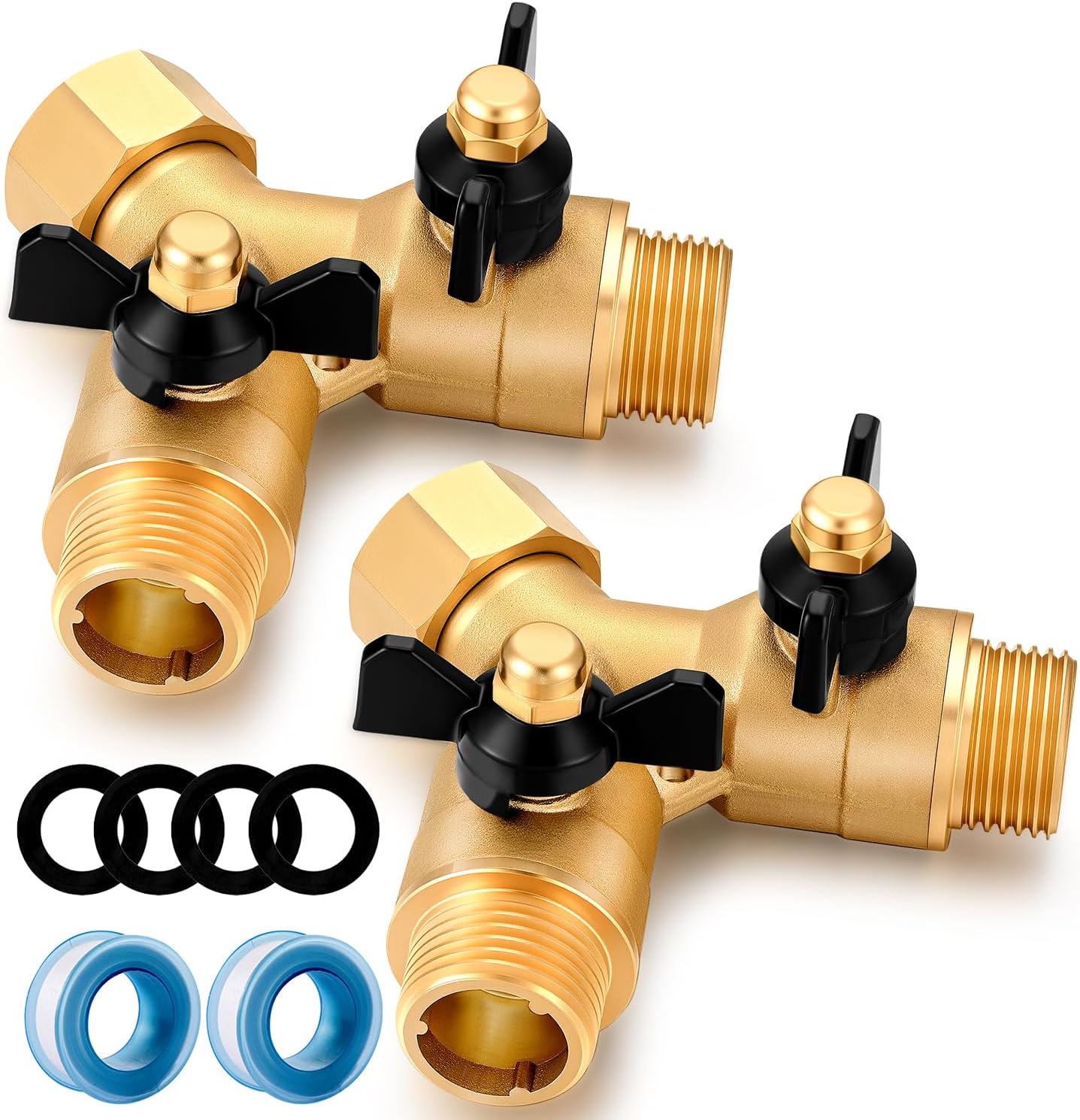 Garden Hose Splitter Full Flow Splitter No Restricted-Flow Connector Heavy Duty Brass Hose y Splitter, 2 way High Flow Hose Bib Adapter with Shut Off Valves (Butterfly Handle)