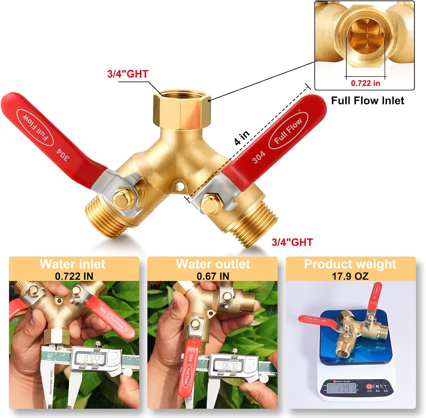 Garden Hose Splitter Full Flow Splitter No Restricted-Flow Connector Heavy Duty Brass Hose y Splitter, 2 way High Flow Hose Bib Adapter with Shut Off Valves (Butterfly Handle)