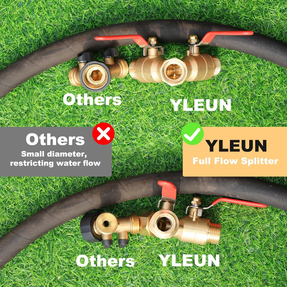 Garden Hose Splitter Full Flow Splitter No Restricted-Flow Connector Heavy Duty Brass Hose y Splitter, 2 way High Flow Hose Bib Adapter with Shut Off Valves (Butterfly Handle)