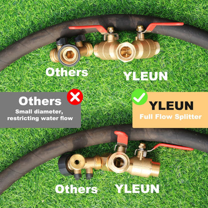 Garden Hose Splitter Full Flow Splitter No Restricted-Flow Connector Heavy Duty Brass Hose y Splitter, 2 way High Flow Hose Bib Adapter with Shut Off Valves (Butterfly Handle)