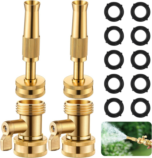 Heavy Duty Brass Hose Nozzle Kit with Shut Off Valve, 4" Adjustable Twist Garden Hose Nozzle, High Pressure Jet Sprayer, 3/4" GHT Connector, Includes 10 Rubber Washers(Adjustable,4 in)
