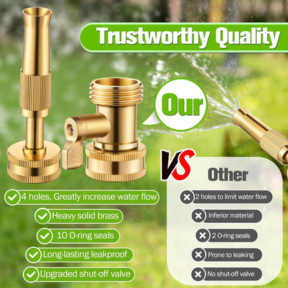 Heavy Duty Brass Hose Nozzle Kit with Shut Off Valve, 4" Adjustable Twist Garden Hose Nozzle, High Pressure Jet Sprayer, 3/4" GHT Connector, Includes 10 Rubber Washers(Adjustable,4 in)
