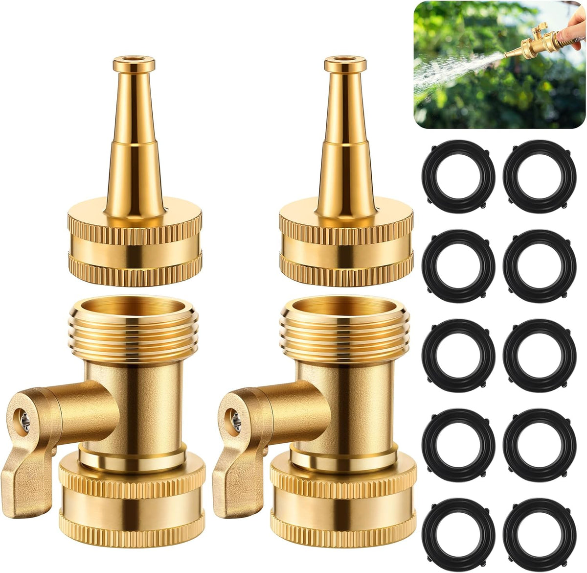 Heavy Duty Brass Hose Nozzle Kit with Shut Off Valve, 4" Adjustable Twist Garden Hose Nozzle, High Pressure Jet Sprayer, 3/4" GHT Connector, Includes 10 Rubber Washers(Adjustable,4 in)