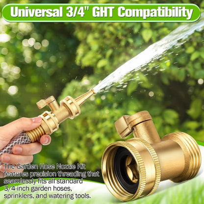 Heavy Duty Brass Hose Nozzle Kit with Shut Off Valve, 4" Adjustable Twist Garden Hose Nozzle, High Pressure Jet Sprayer, 3/4" GHT Connector, Includes 10 Rubber Washers(Adjustable,4 in)