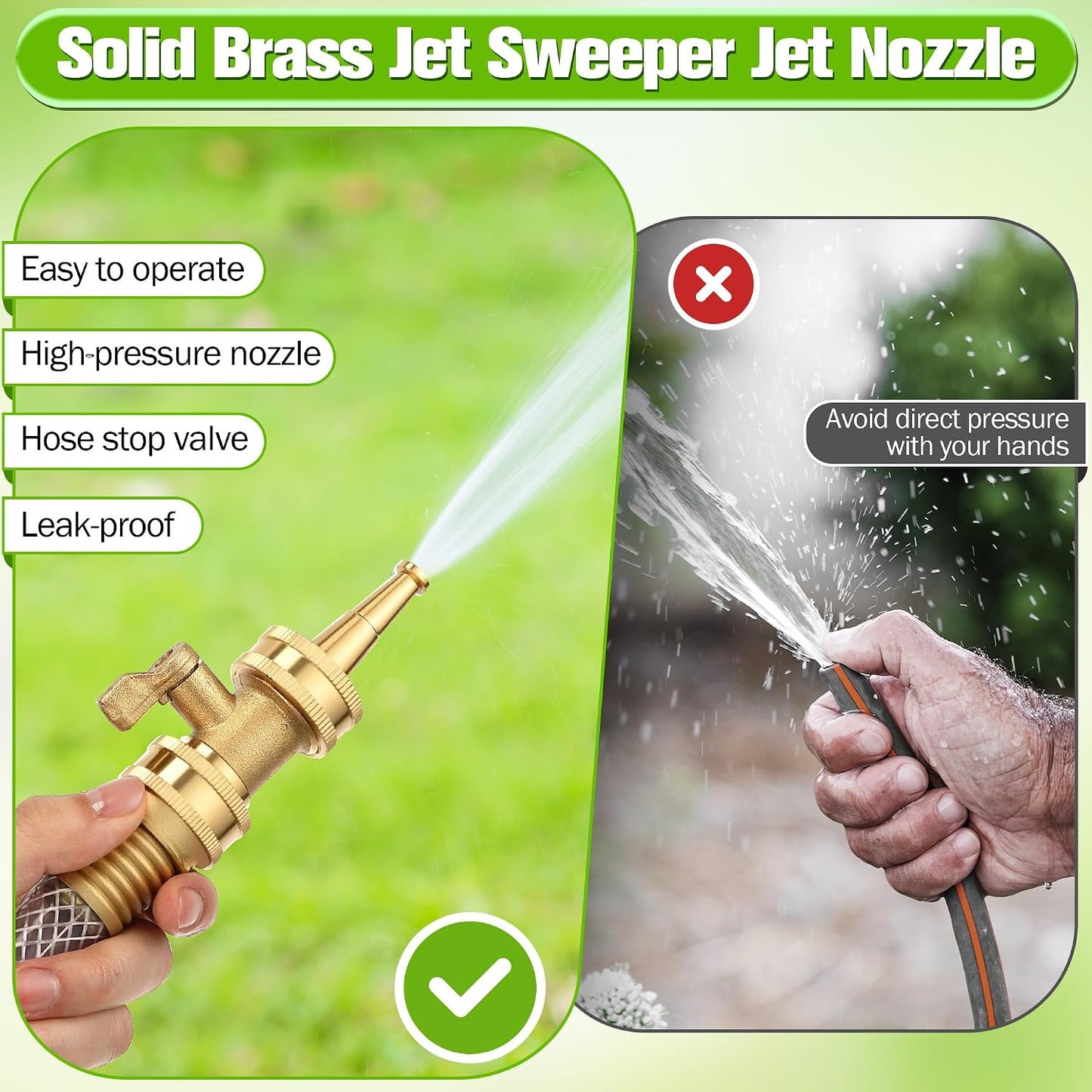 Heavy Duty Brass Hose Nozzle Kit with Shut Off Valve, 4" Adjustable Twist Garden Hose Nozzle, High Pressure Jet Sprayer, 3/4" GHT Connector, Includes 10 Rubber Washers(Adjustable,4 in)