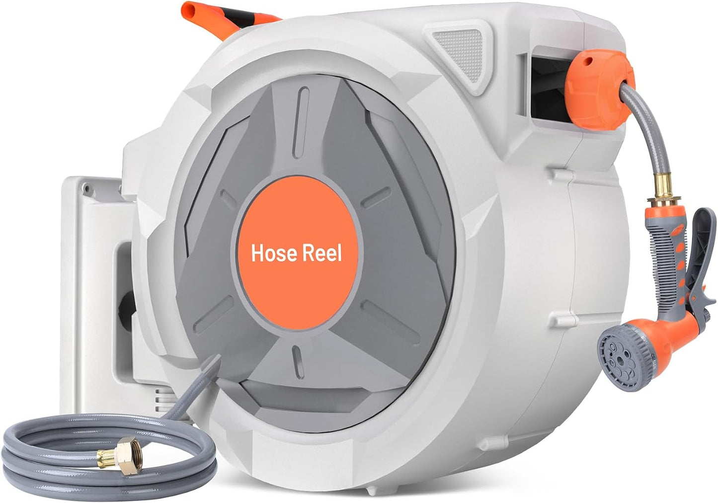 Retractable Garden Hose Reel 1/2 in x 130 Ft, Wall Mounted Garden Hose Reel, with 9 Function Sprayer Nozzle, Any Length Lock, Lock/Automatic Slow Return System, 180° Swivel Bracket(Grey)