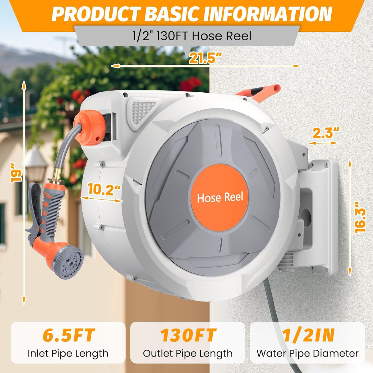 Retractable Garden Hose Reel 1/2 in x 130 Ft, Wall Mounted Garden Hose Reel, with 9 Function Sprayer Nozzle, Any Length Lock, Lock/Automatic Slow Return System, 180° Swivel Bracket(Grey)