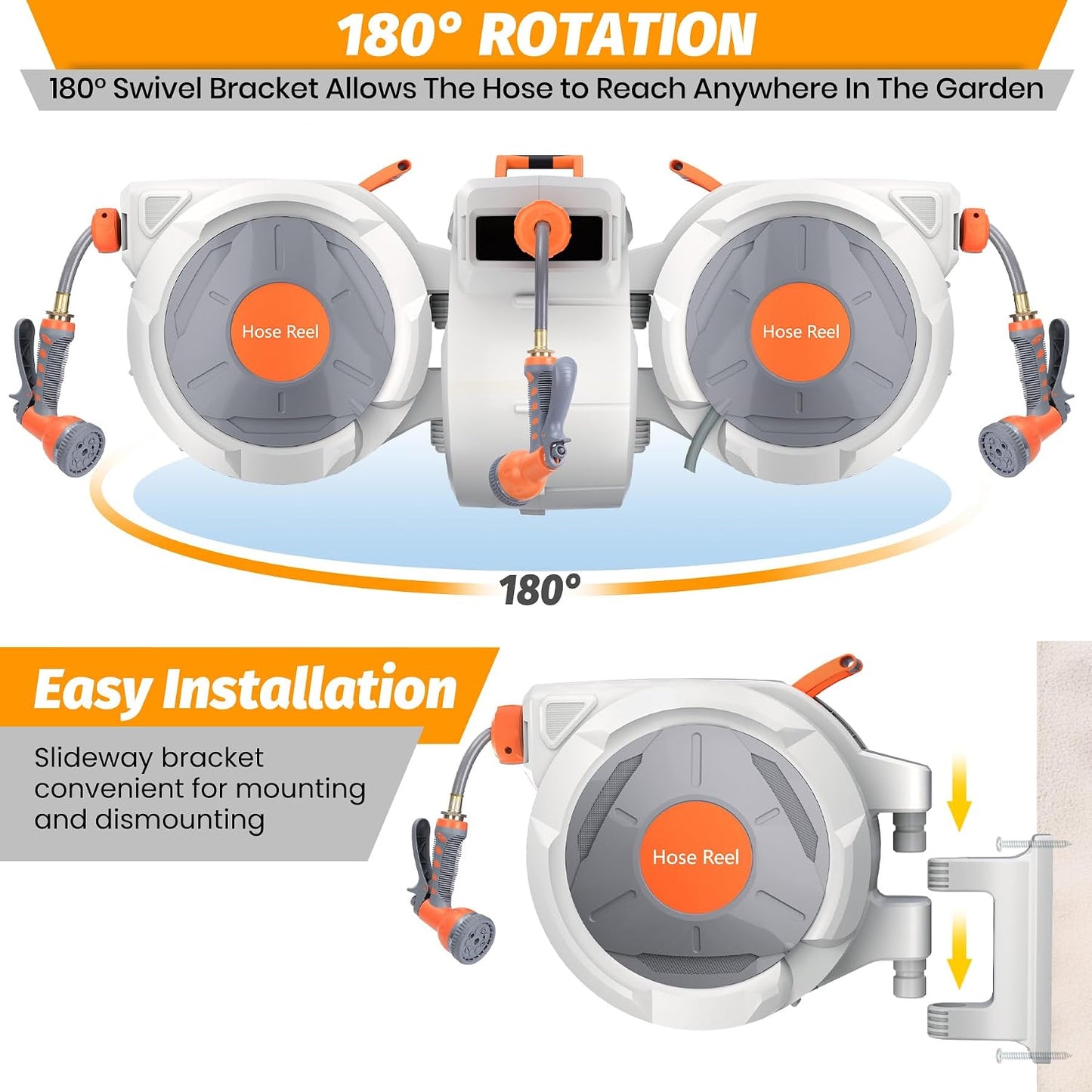 Retractable Garden Hose Reel 1/2 in x 130 Ft, Wall Mounted Garden Hose Reel, with 9 Function Sprayer Nozzle, Any Length Lock, Lock/Automatic Slow Return System, 180° Swivel Bracket(Grey)