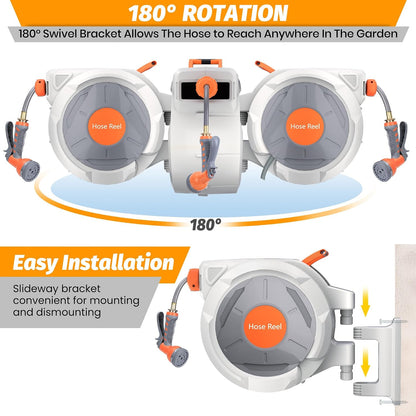 Retractable Garden Hose Reel 1/2 in x 130 Ft, Wall Mounted Garden Hose Reel, with 9 Function Sprayer Nozzle, Any Length Lock, Lock/Automatic Slow Return System, 180° Swivel Bracket(Grey)