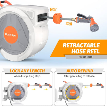 Retractable Garden Hose Reel 1/2 in x 130 Ft, Wall Mounted Garden Hose Reel, with 9 Function Sprayer Nozzle, Any Length Lock, Lock/Automatic Slow Return System, 180° Swivel Bracket(Grey)