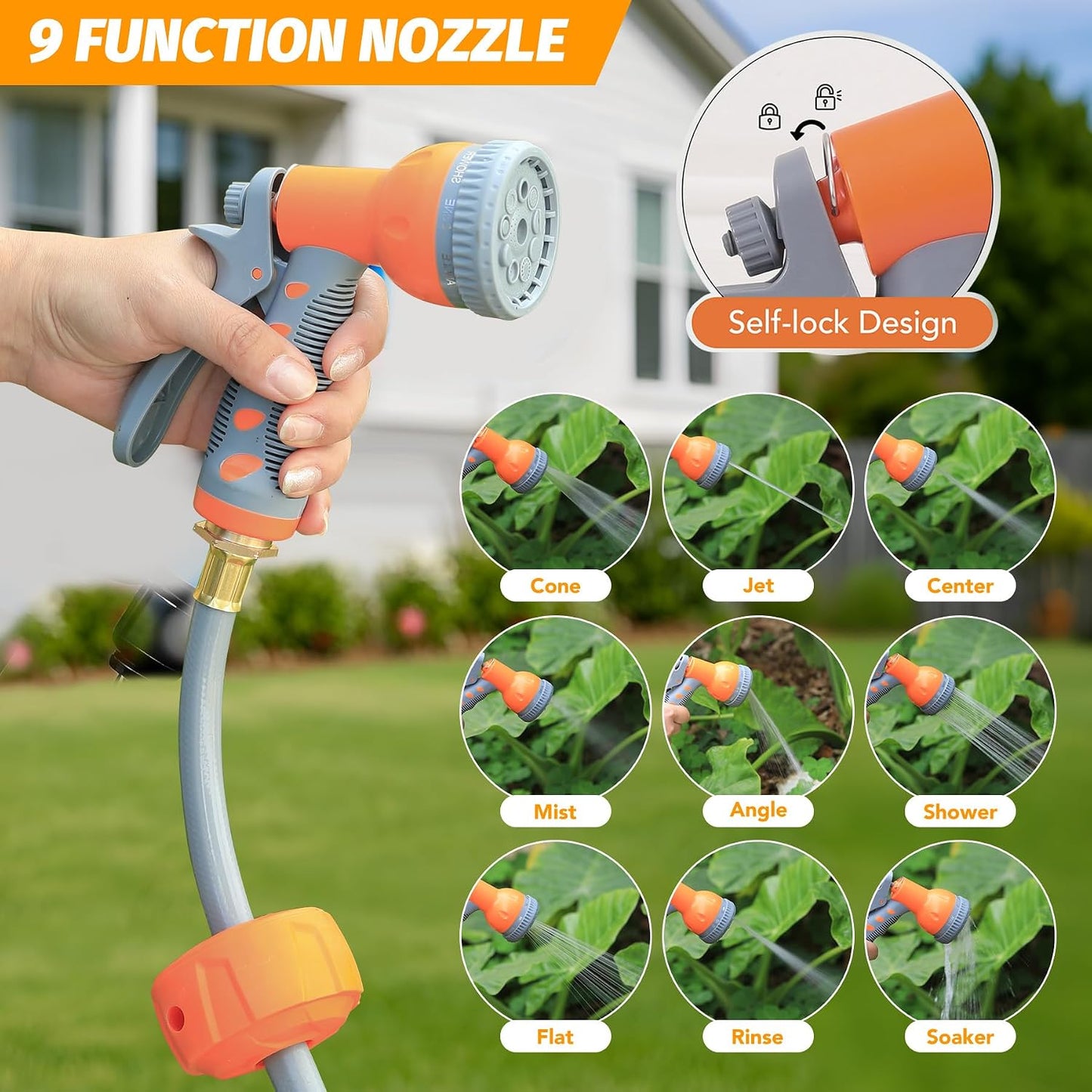 Retractable Garden Hose Reel 1/2 in x 130 Ft, Wall Mounted Garden Hose Reel, with 9 Function Sprayer Nozzle, Any Length Lock, Lock/Automatic Slow Return System, 180° Swivel Bracket(Grey)