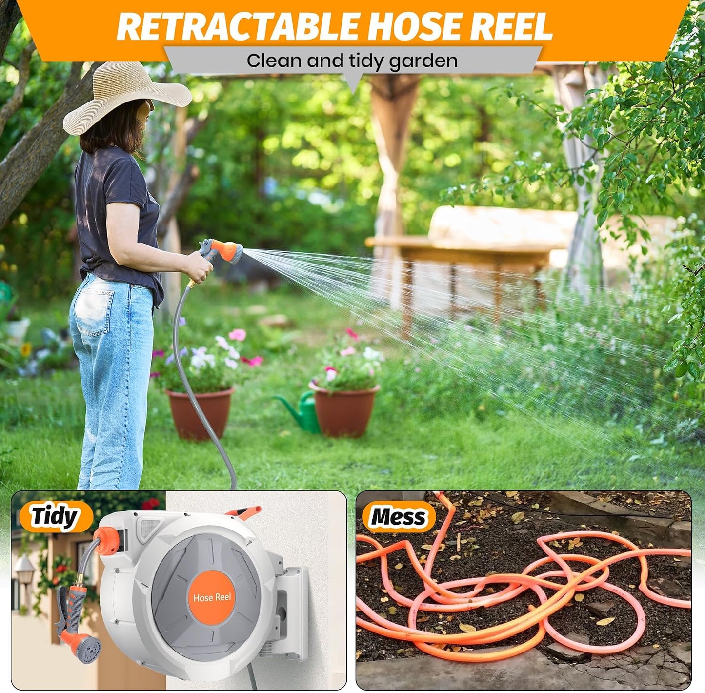 Retractable Garden Hose Reel 1/2 in x 130 Ft, Wall Mounted Garden Hose Reel, with 9 Function Sprayer Nozzle, Any Length Lock, Lock/Automatic Slow Return System, 180° Swivel Bracket(Grey)