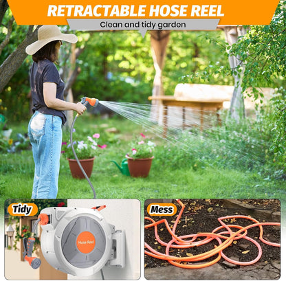 Retractable Garden Hose Reel 1/2 in x 130 Ft, Wall Mounted Garden Hose Reel, with 9 Function Sprayer Nozzle, Any Length Lock, Lock/Automatic Slow Return System, 180° Swivel Bracket(Grey)