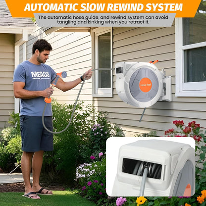 Retractable Garden Hose Reel 1/2 in x 130 Ft, Wall Mounted Garden Hose Reel, with 9 Function Sprayer Nozzle, Any Length Lock, Lock/Automatic Slow Return System, 180° Swivel Bracket(Grey)