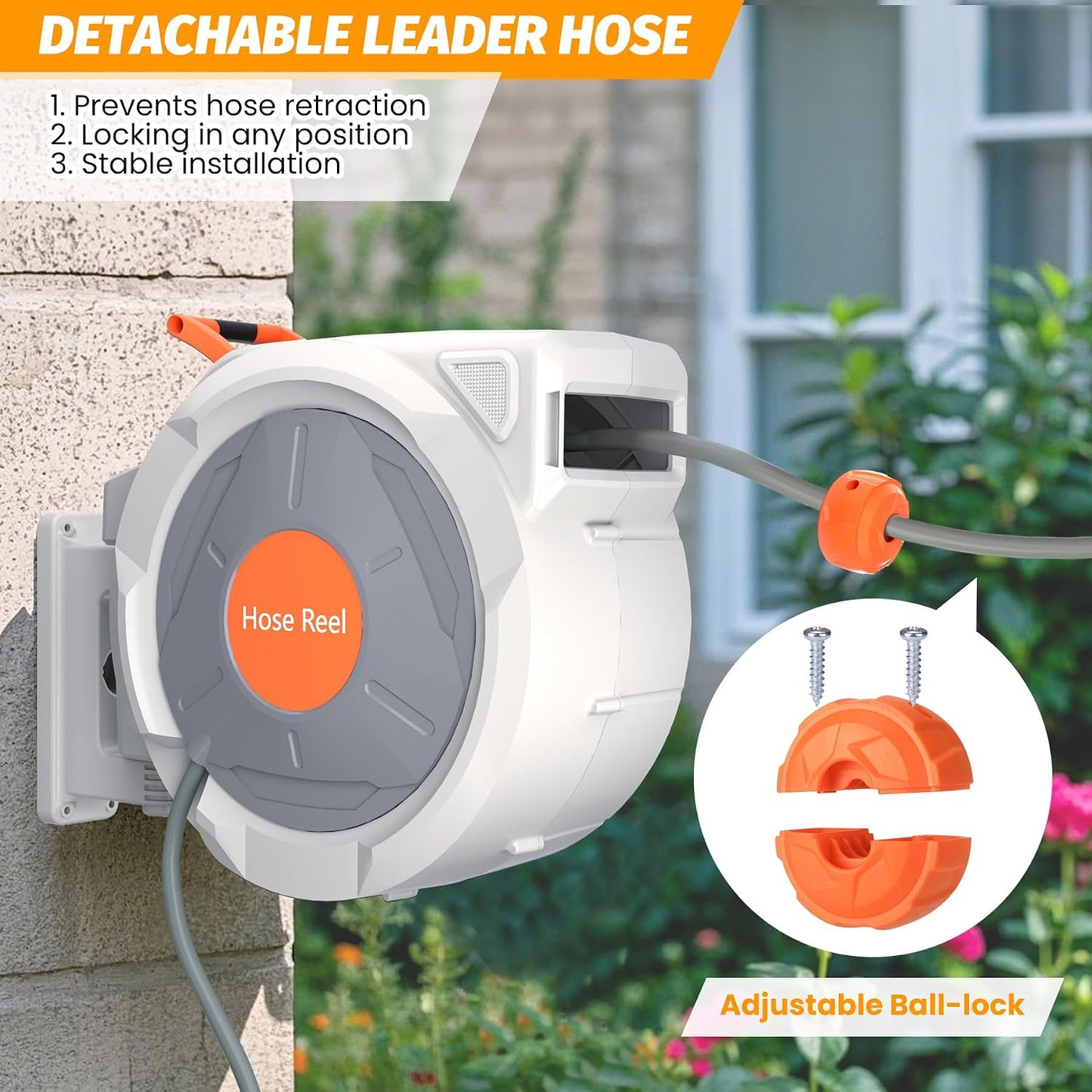 Retractable Garden Hose Reel 1/2 in x 130 Ft, Wall Mounted Garden Hose Reel, with 9 Function Sprayer Nozzle, Any Length Lock, Lock/Automatic Slow Return System, 180° Swivel Bracket(Grey)